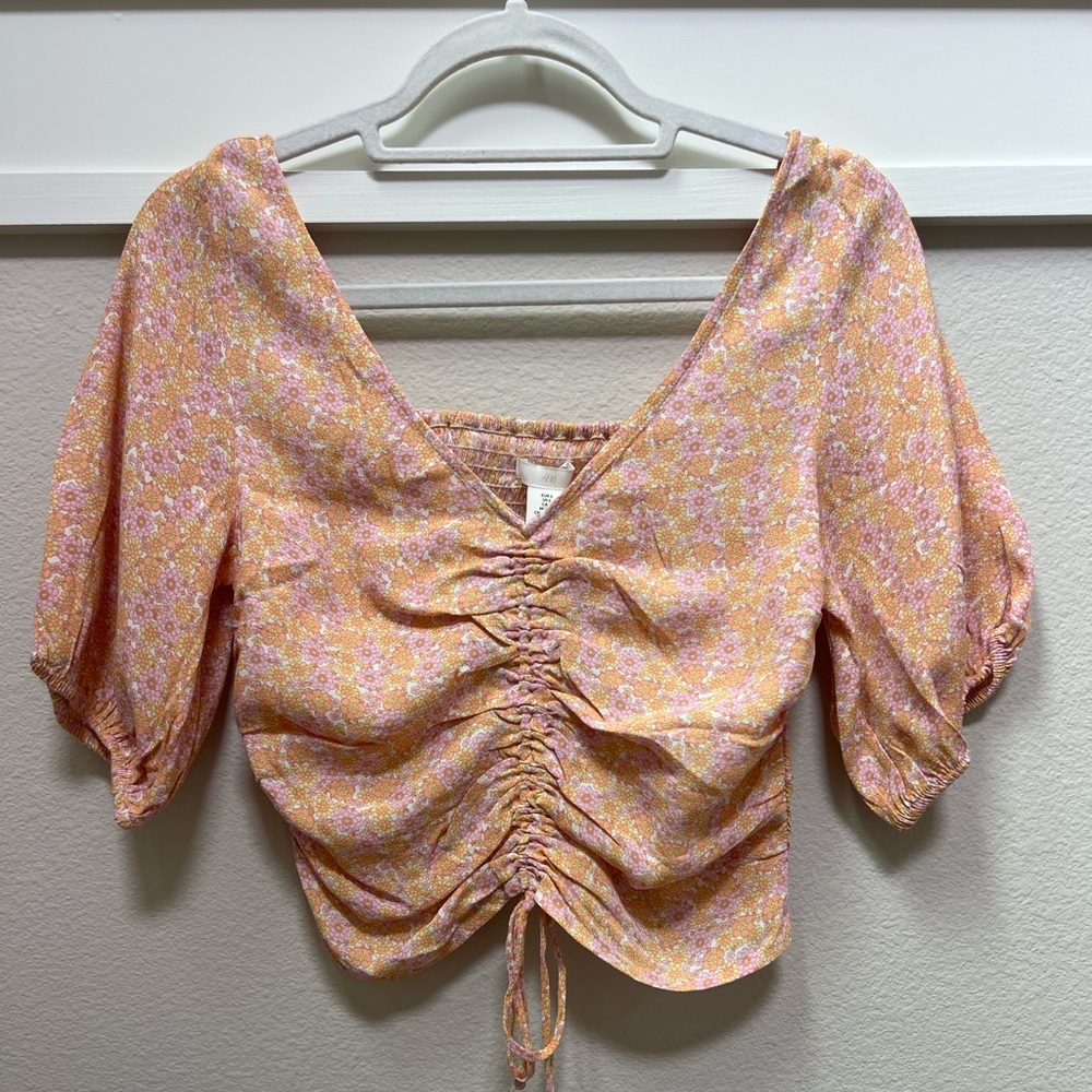 H&M Orange and Pink Puff Sleeve Crop Blouse